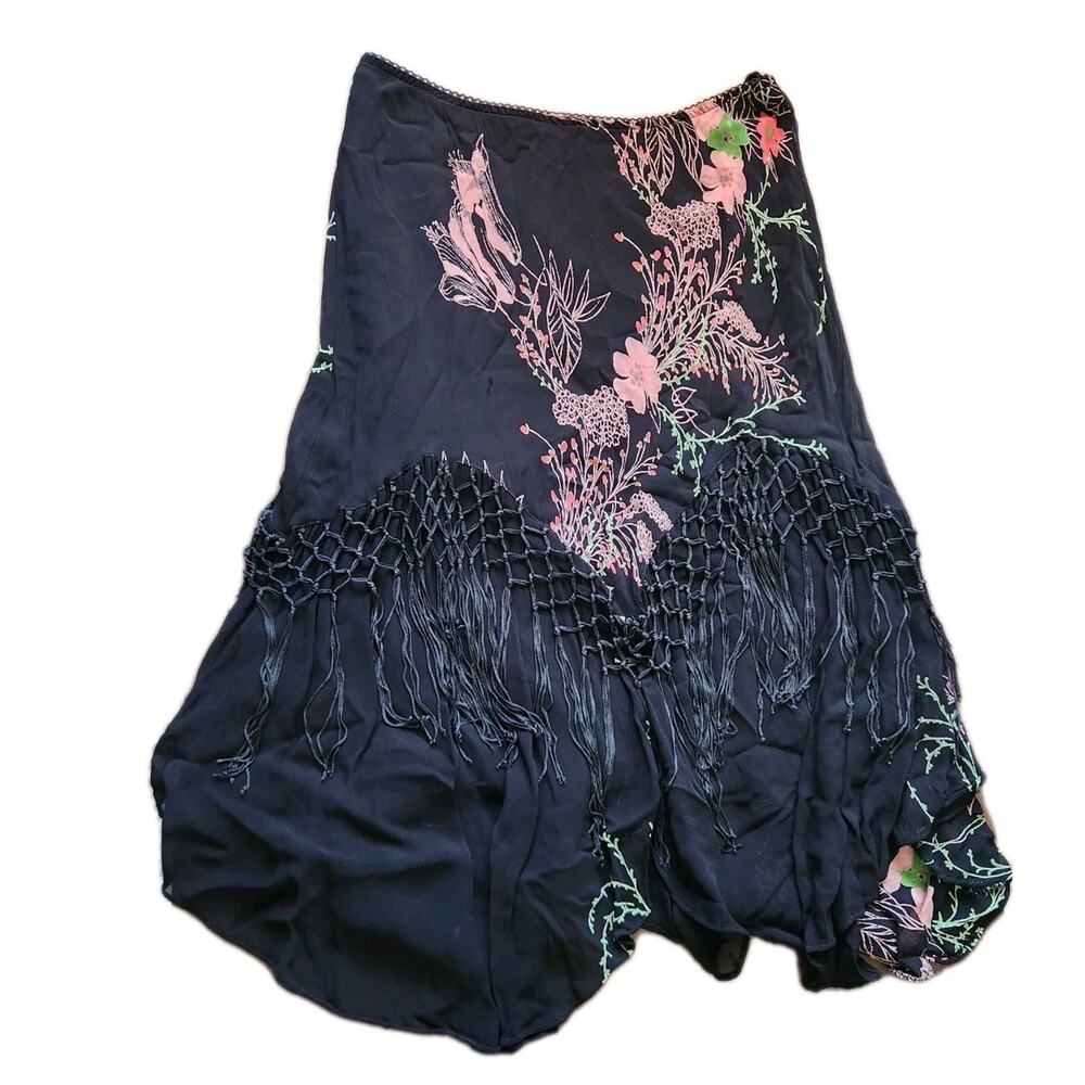 Vtg Starina Piano Fringe Beaded Floral A Line Midi Skirt Sz XL Fairy Whimsical - Picture 2 of 9